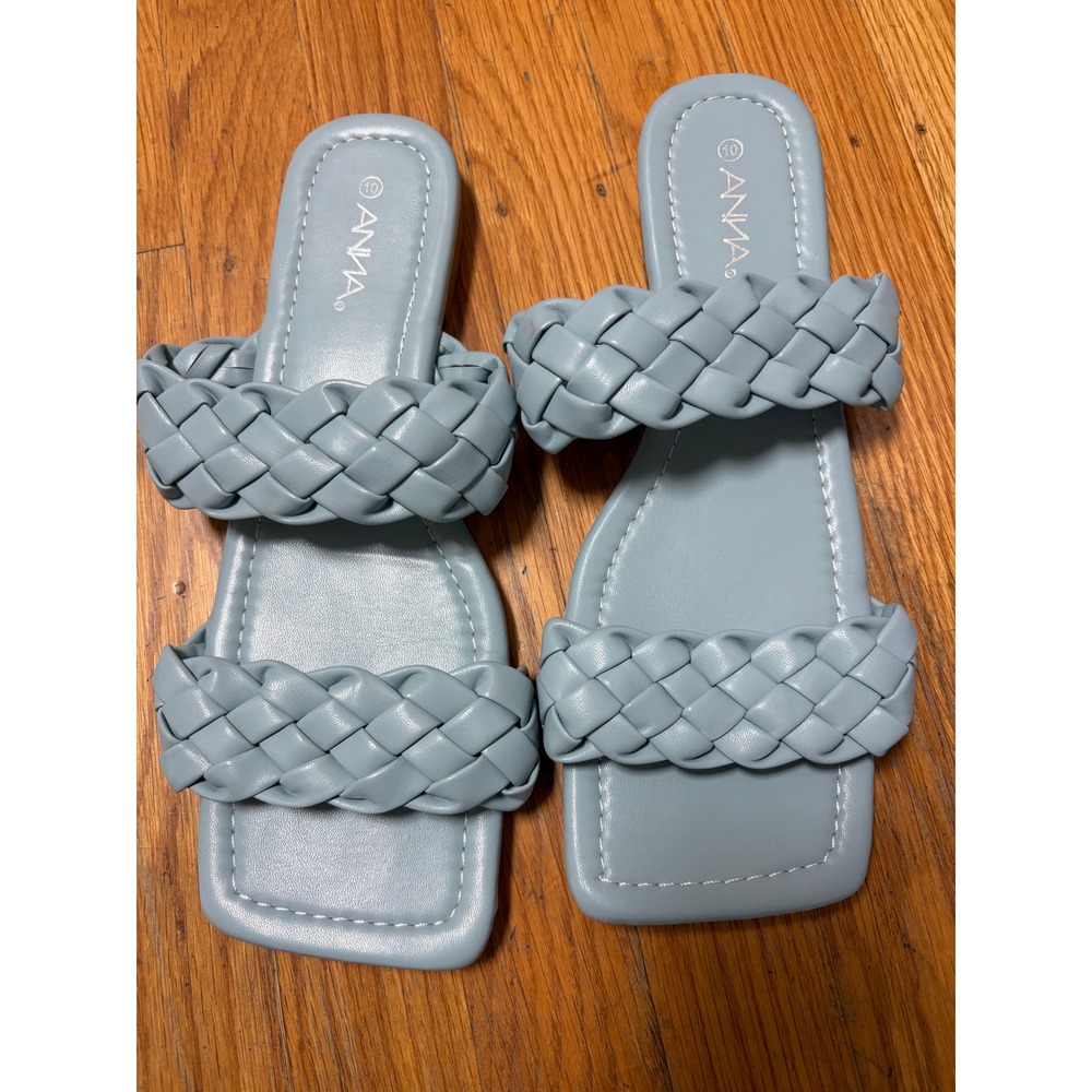 Anna Womens Light Blue Braided Double Strap Square Toe Slide Sandals Size 10